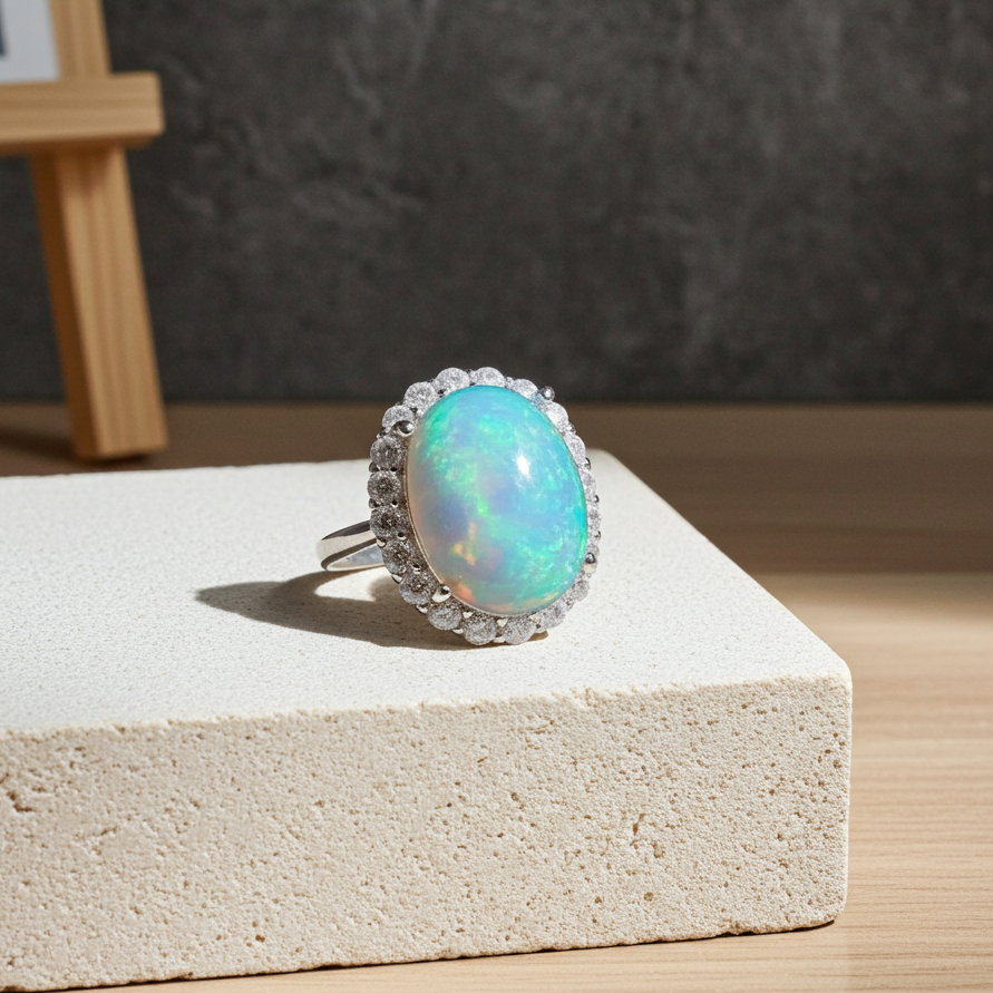 Large Fire Opal Statement Ring 10x14mm Sterling Silver