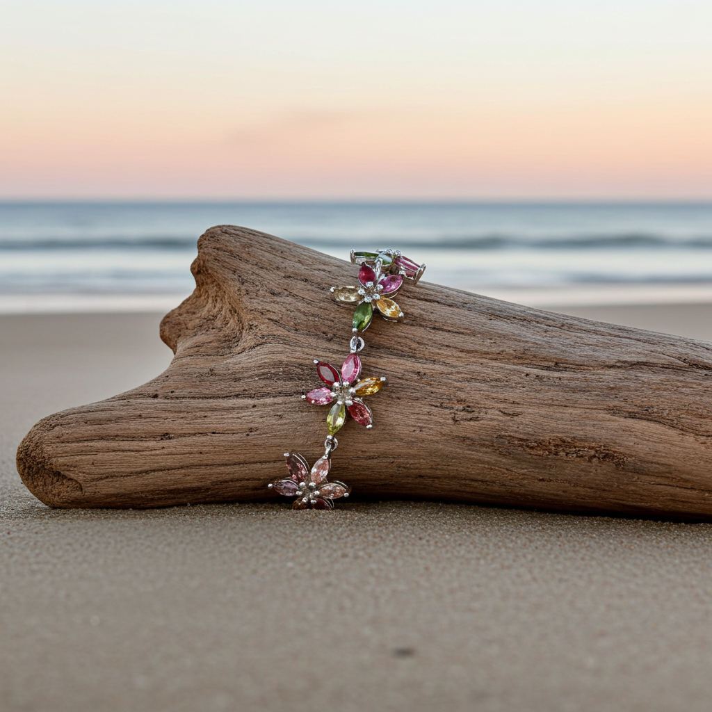 Natural Brazilian Tourmaline Tennis Bracelet, Tourmaline Flower Bracelet