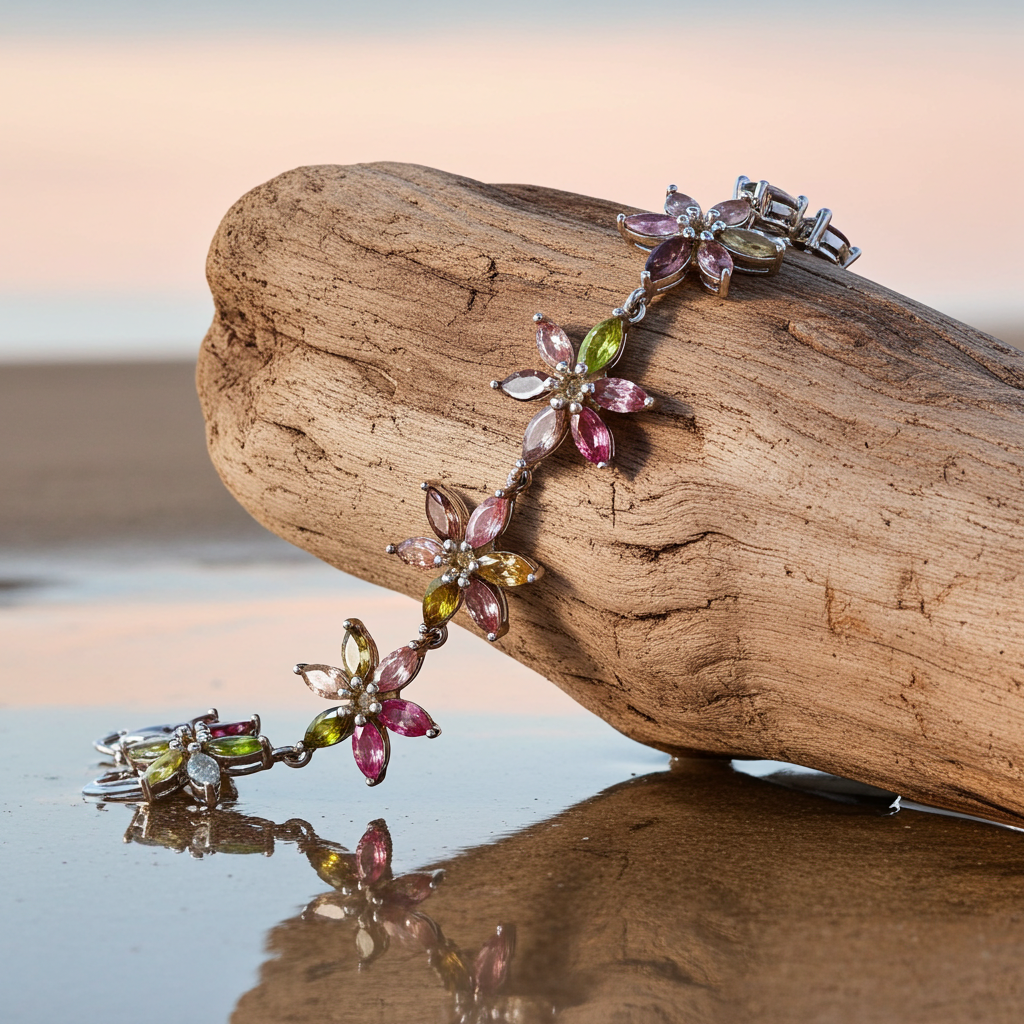 Natural Brazilian Tourmaline Tennis Bracelet, Tourmaline Flower Bracelet