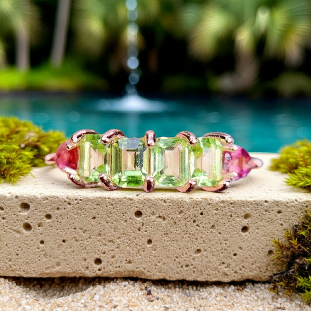 Natural peridot and tourmaline emerald cut gemstone ring in 925 sterling silver with platinum yellow gold and rose gold plating options by PHIMSERA