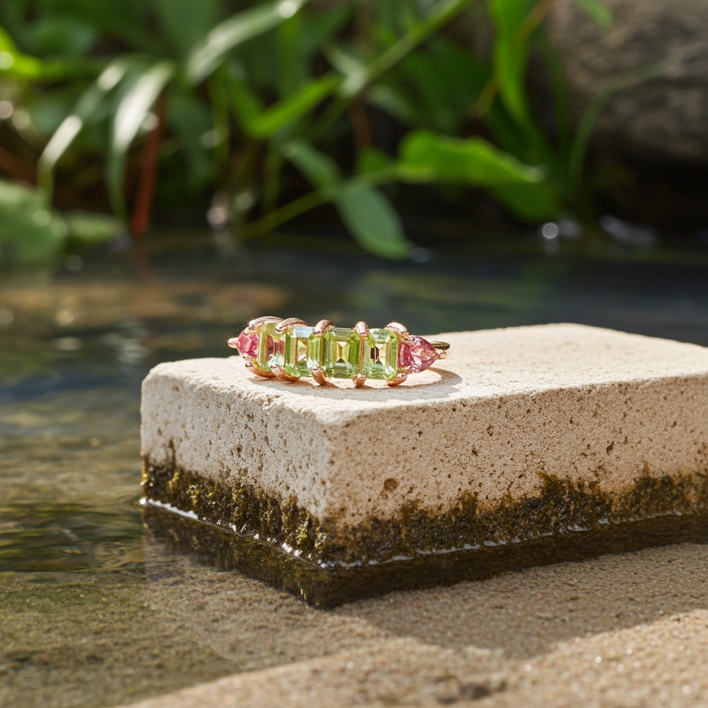 Natural peridot and tourmaline emerald cut gemstone ring in 925 sterling silver with platinum yellow gold and rose gold plating options by PHIMSERA