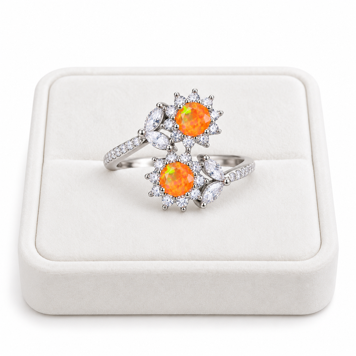 4mm Orange Fire Opal Ring with Cubic Zirconia Accents in Sterling Silver