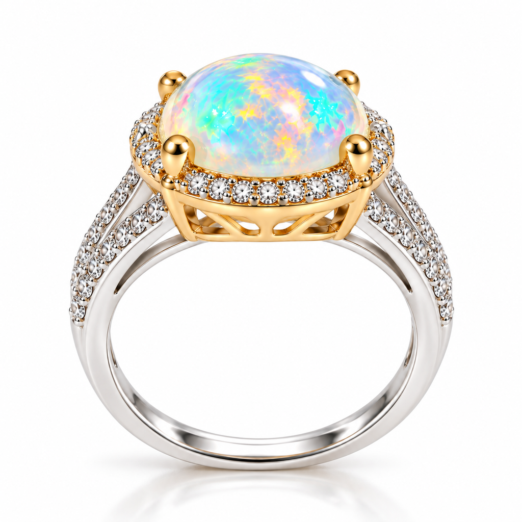 10×14mm Natural Australian White Fire Opal Ring – Oval Rainbow Opal Halo Ring in 925 Sterling Silver with Gold Accents