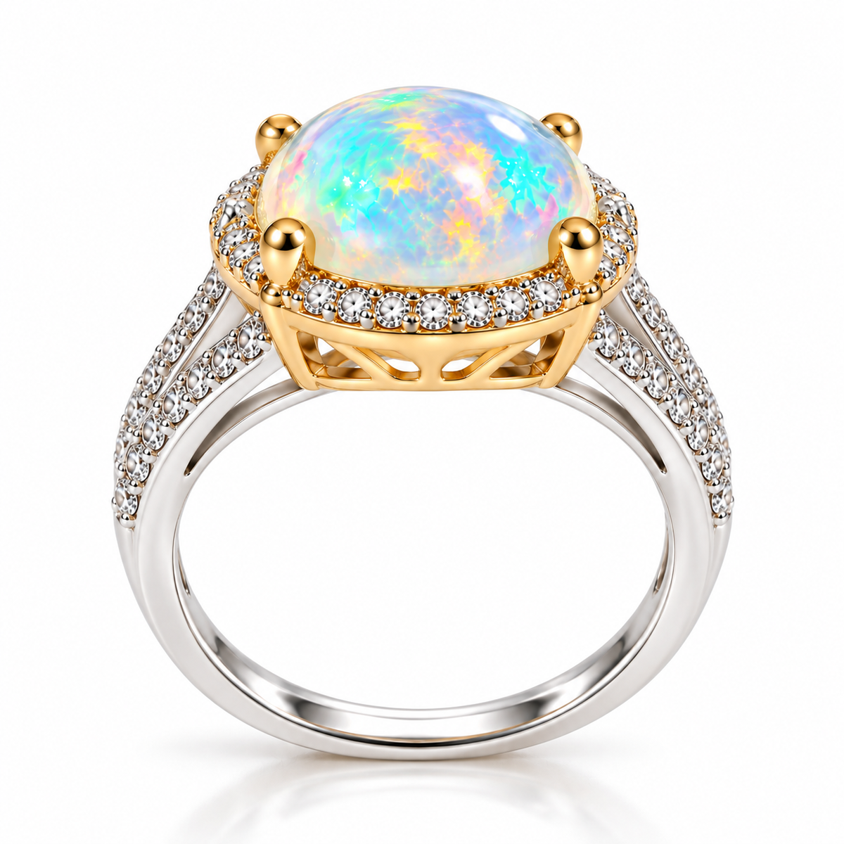 10×14mm Natural Australian White Fire Opal Ring – Oval Rainbow Opal Halo Ring in 925 Sterling Silver with Gold Accents