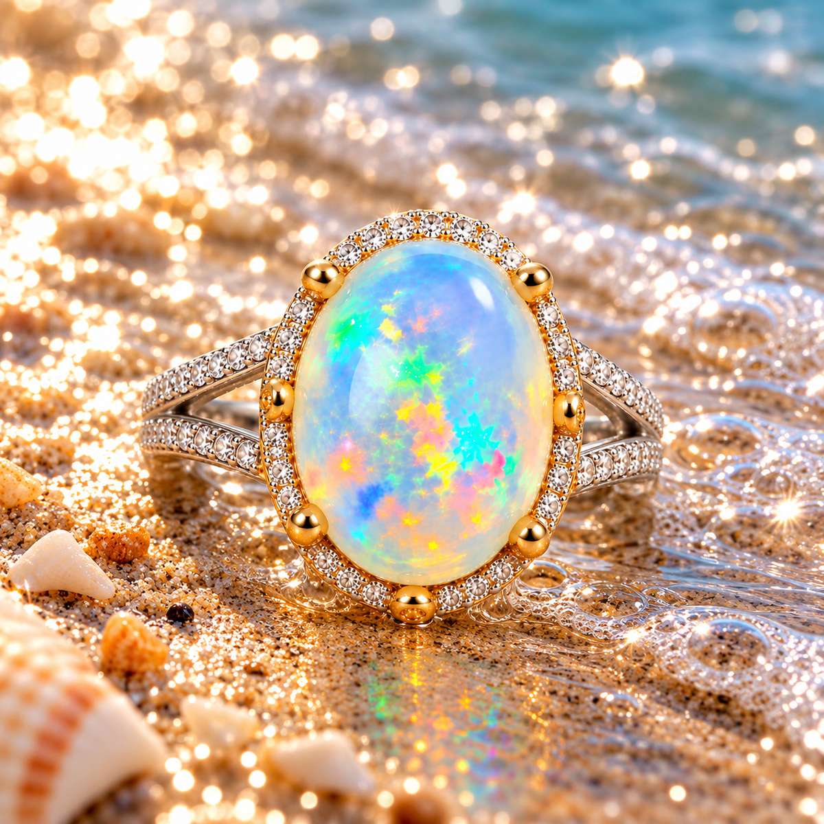 10×14mm Natural Australian White Fire Opal Ring – Oval Rainbow Opal Halo Ring in 925 Sterling Silver with Gold Accents