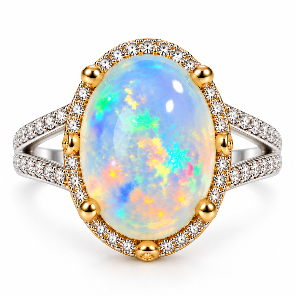 10×14mm Natural Australian White Fire Opal Ring – Oval Rainbow Opal Halo Ring in 925 Sterling Silver with Gold Accents