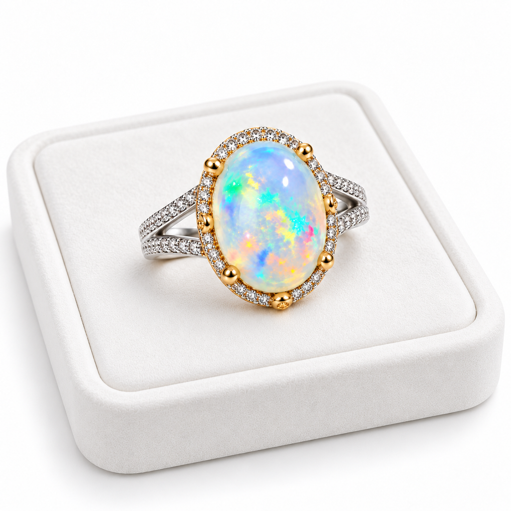 10×14mm Natural Australian White Fire Opal Ring – Oval Rainbow Opal Halo Ring in 925 Sterling Silver with Gold Accents