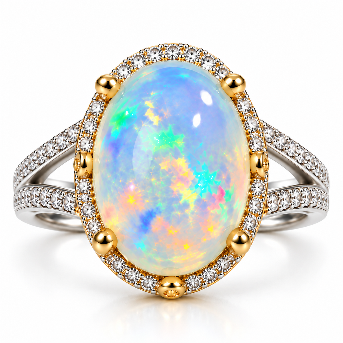 10×14mm Natural Australian White Fire Opal Ring – Oval Rainbow Opal Halo Ring in 925 Sterling Silver with Gold Accents