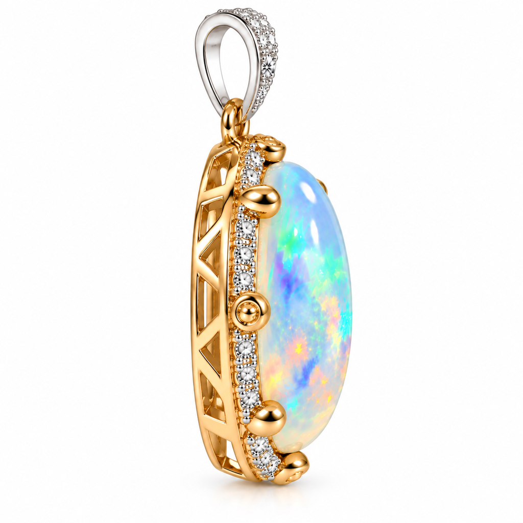 Natural Australian White Fire Opal Pendant 10×14mm Oval Rainbow Opal Halo in 925 Sterling Silver