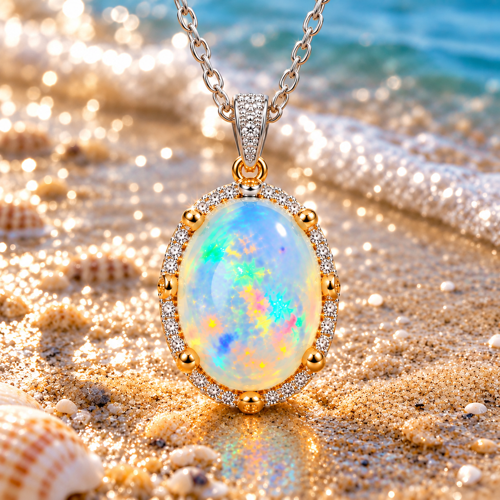 Natural Australian White Fire Opal Pendant 10×14mm Oval Rainbow Opal Halo in 925 Sterling Silver