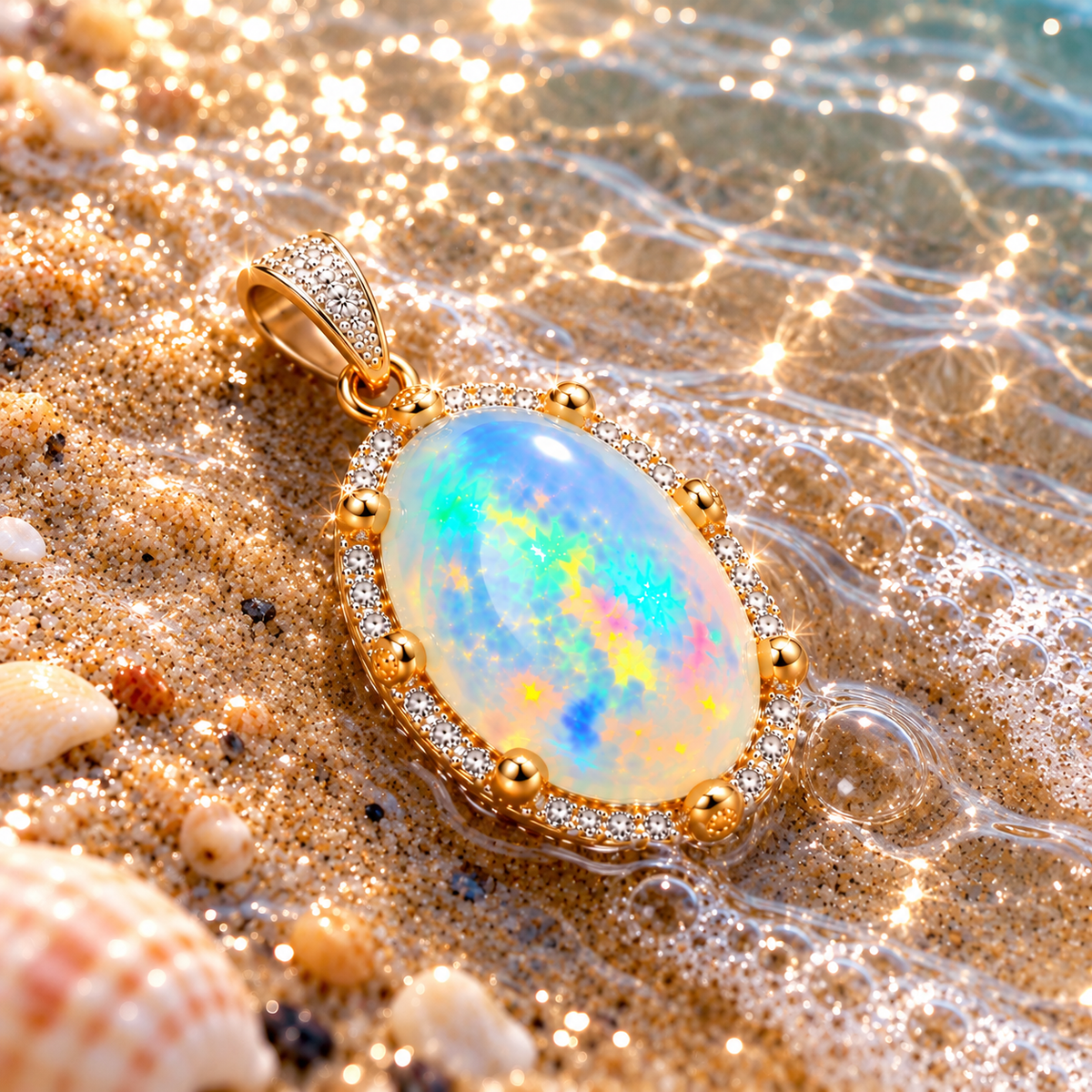 Natural Australian White Fire Opal Pendant 10×14mm Oval Rainbow Opal Halo in 925 Sterling Silver