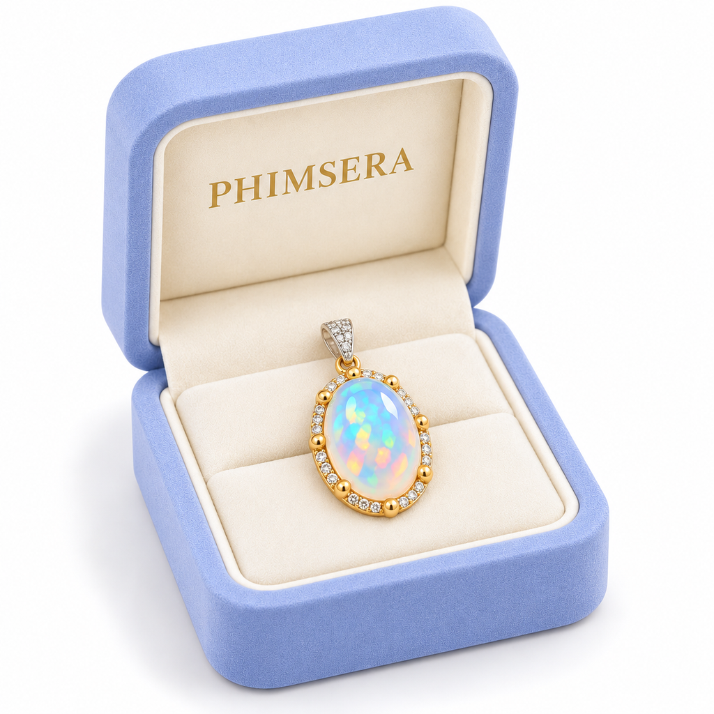 Natural Australian White Fire Opal Pendant 10×14mm Oval Rainbow Opal Halo in 925 Sterling Silver