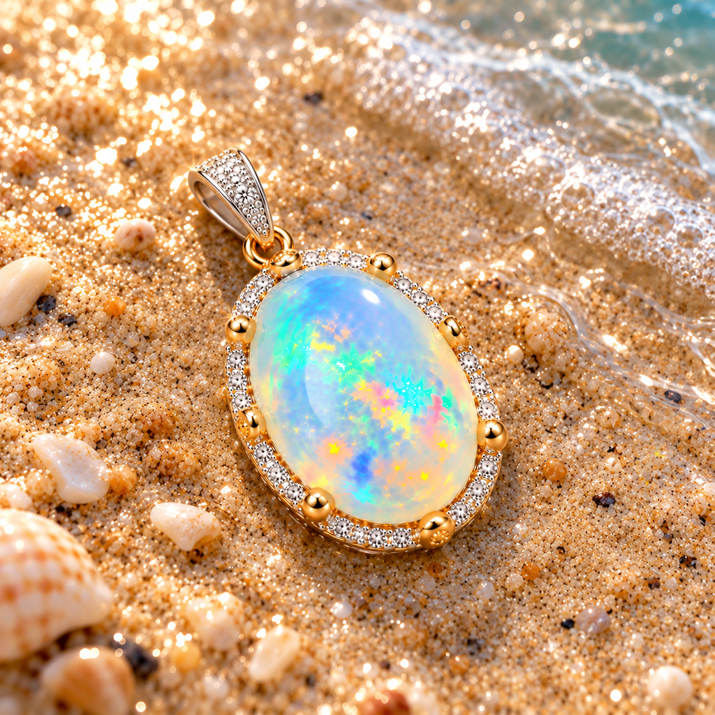Natural Australian White Fire Opal Pendant 10×14mm Oval Rainbow Opal Halo in 925 Sterling Silver