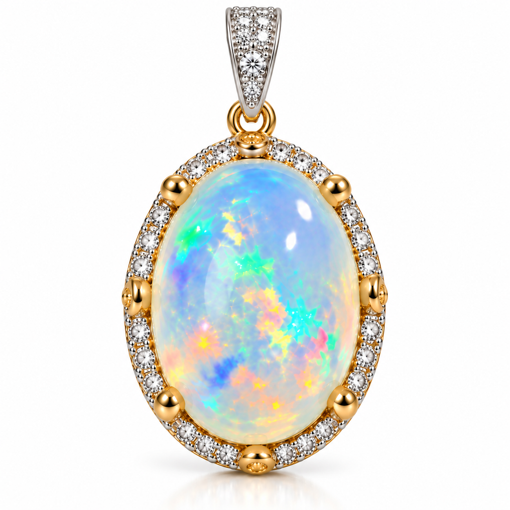 Natural Australian White Fire Opal Pendant 10×14mm Oval Rainbow Opal Halo in 925 Sterling Silver