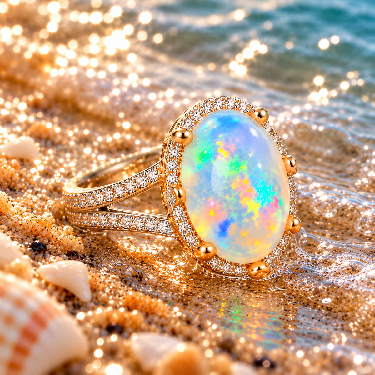 10×14mm Natural Australian White Fire Opal Ring – Oval Rainbow Opal Halo Ring in 925 Sterling Silver with Gold Accents