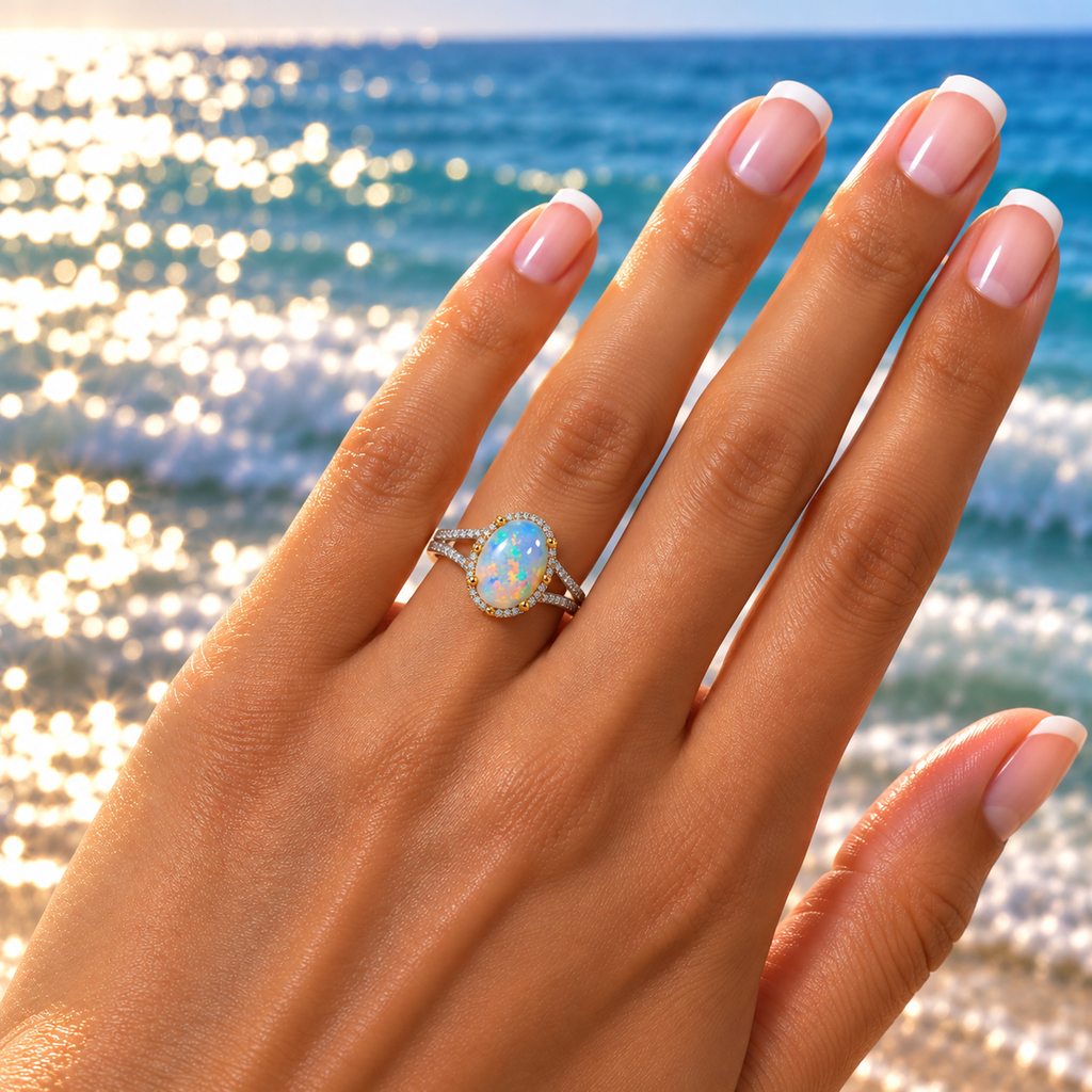 10×14mm Natural Australian White Fire Opal Ring – Oval Rainbow Opal Halo Ring in 925 Sterling Silver with Gold Accents