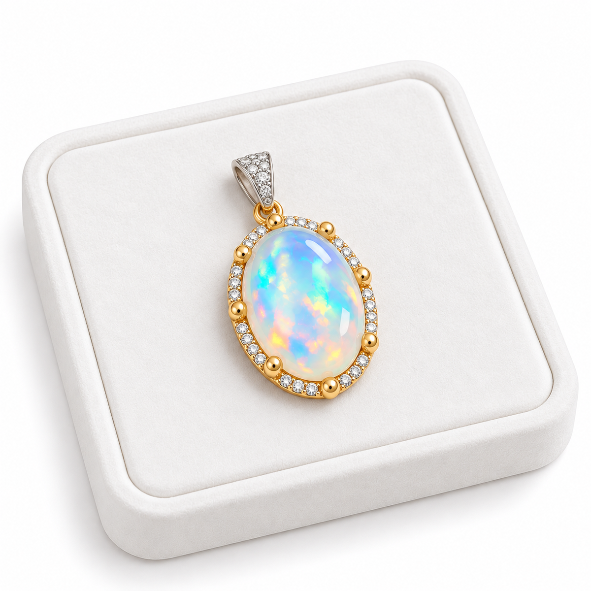 Natural Australian White Fire Opal Pendant 10×14mm Oval Rainbow Opal Halo in 925 Sterling Silver