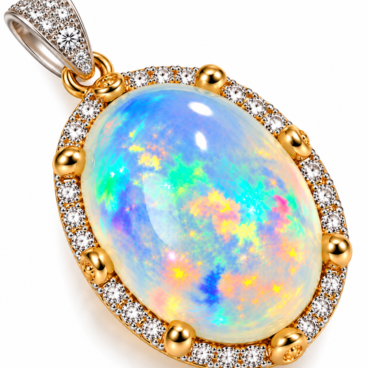 Natural Australian White Fire Opal Pendant 10×14mm Oval Rainbow Opal Halo in 925 Sterling Silver
