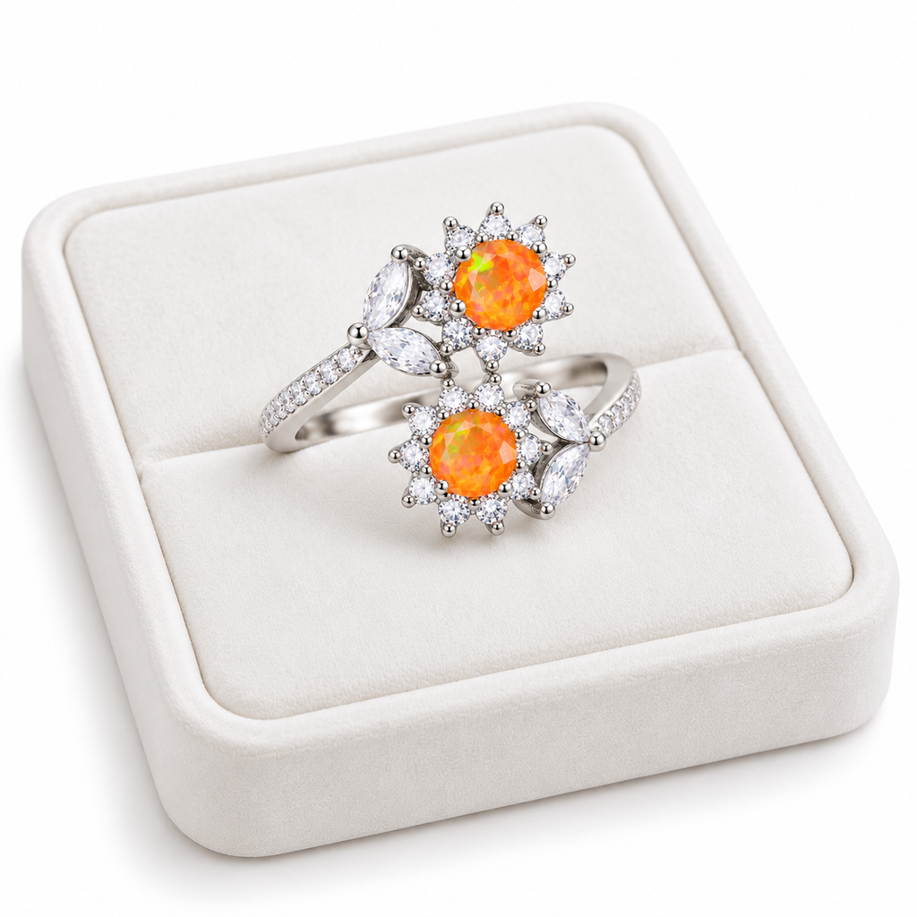 4mm Orange Fire Opal Ring with Cubic Zirconia Accents in Sterling Silver