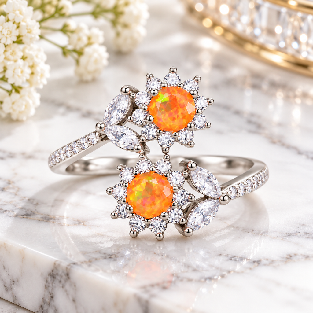 A pair of silver rings with vibrant orange opal gemstones and clear marquise and round crystals, displayed on a white marble surface with white flowers in the background.