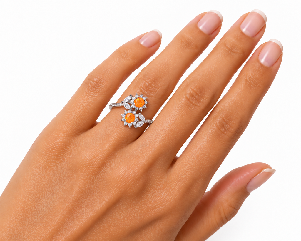 4mm Orange Fire Opal Ring with Cubic Zirconia Accents in Sterling Silver