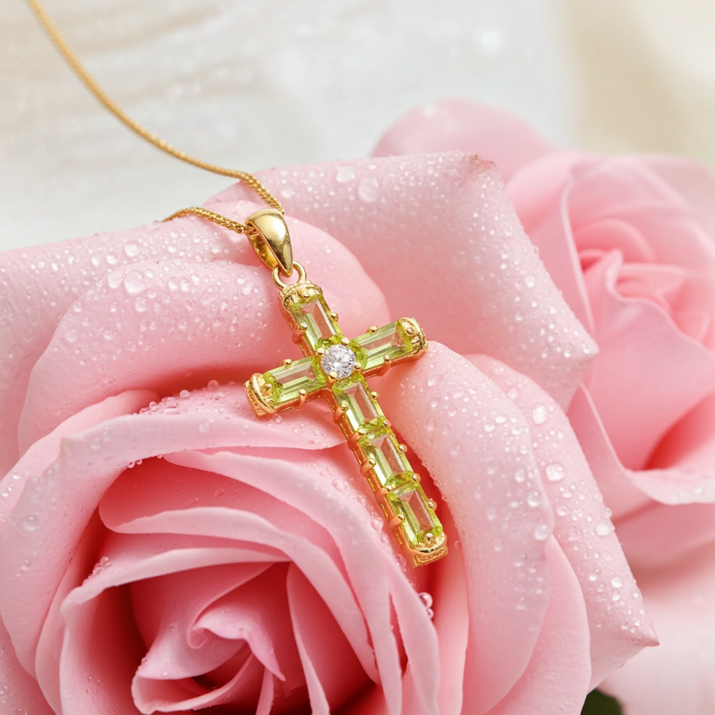 August Birthstone Peridot Gemstone Cross Necklace 3x5mm