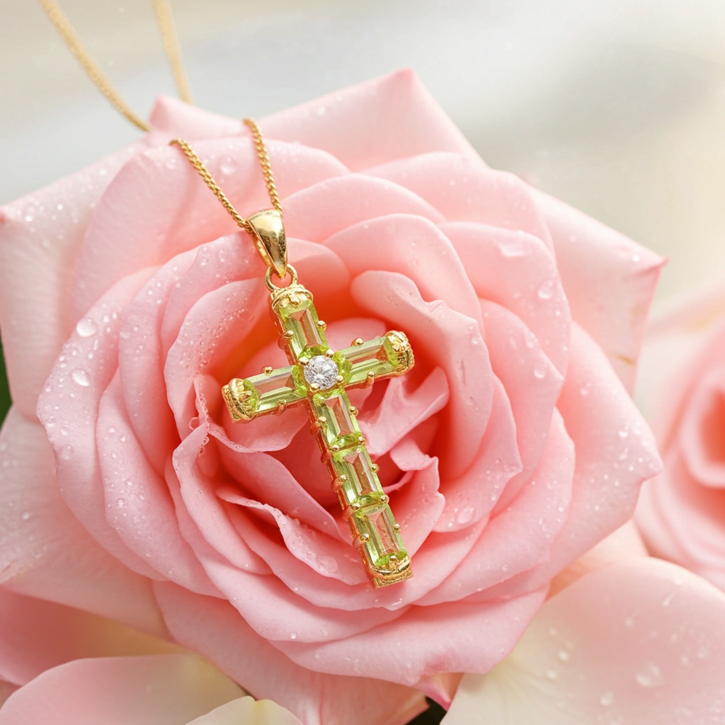 August Birthstone Peridot Gemstone Cross Necklace 3x5mm