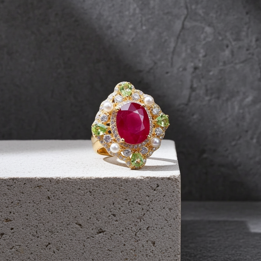 Natural Burma Ruby and Peridot Gemstone Statement Ring