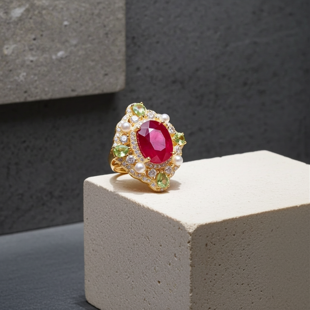 Natural Burma Ruby and Peridot Gemstone Statement Ring