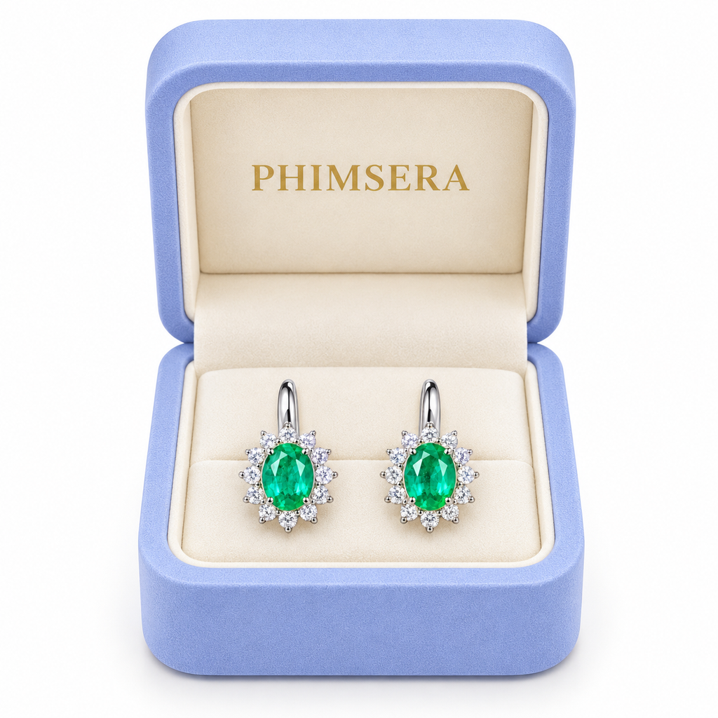 Natural Emerald 4x5mm Oval Halo Huggie Hoop Earrings in 925 Sterling Silver with CZ