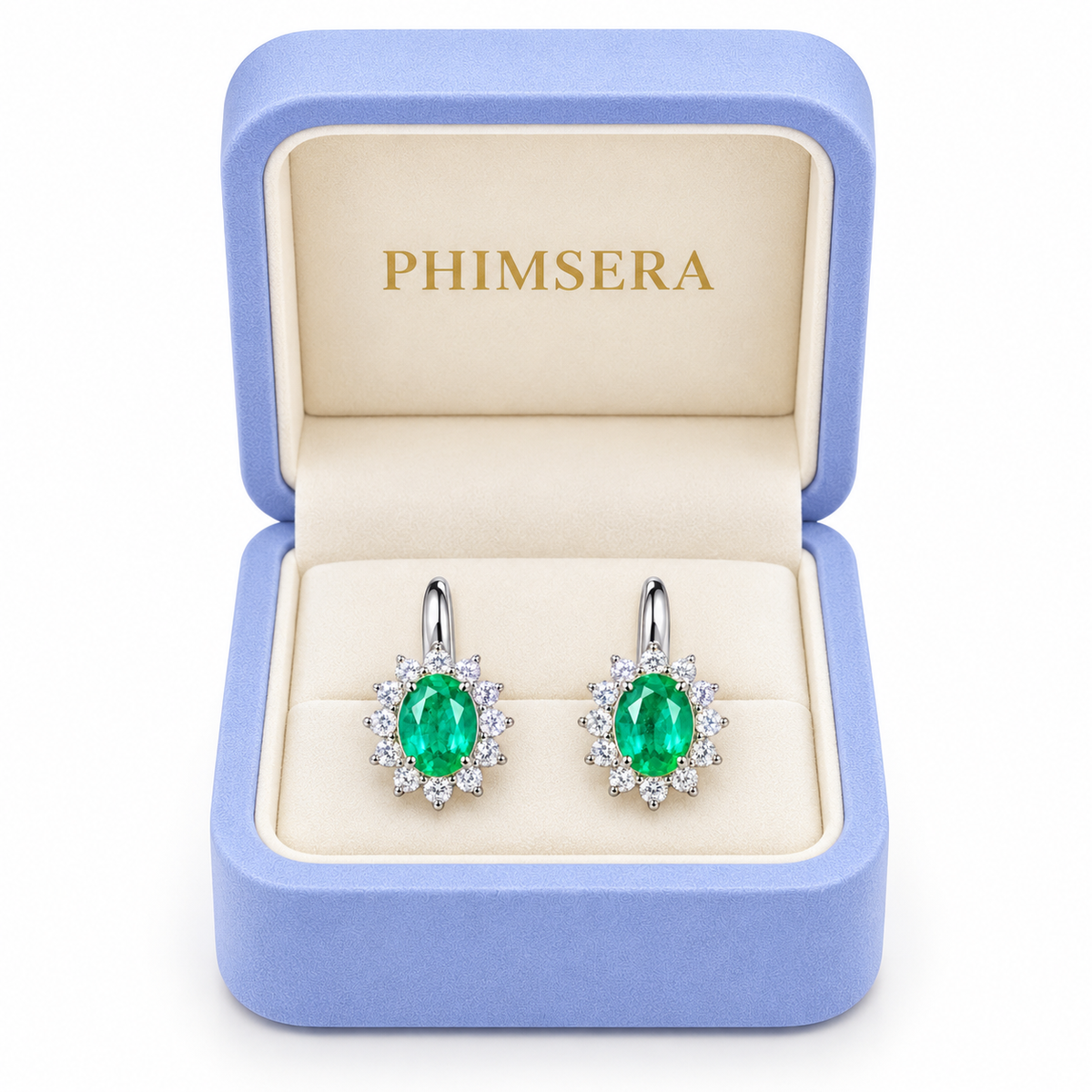 Natural Emerald 4x5mm Oval Halo Huggie Hoop Earrings in 925 Sterling Silver with CZ