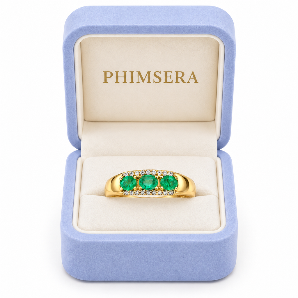 Men's Natural Colombian Emerald Three-Stone Band Ring in 925 Sterling Silver – 3×4mm Oval Emeralds