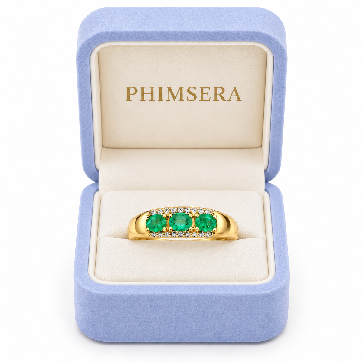 Men's Natural Colombian Emerald Three-Stone Band Ring in 925 Sterling Silver – 3×4mm Oval Emeralds
