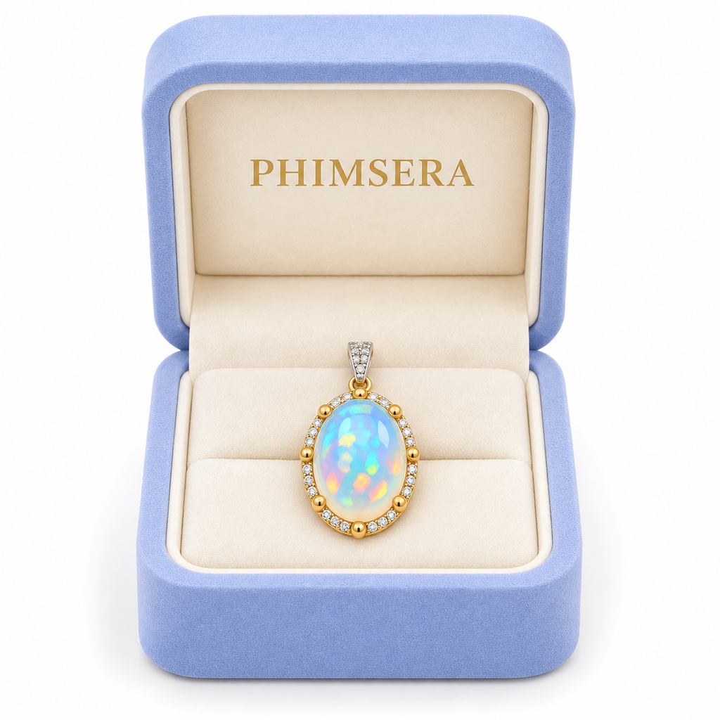 Natural Australian White Fire Opal Pendant 10×14mm Oval Rainbow Opal Halo in 925 Sterling Silver
