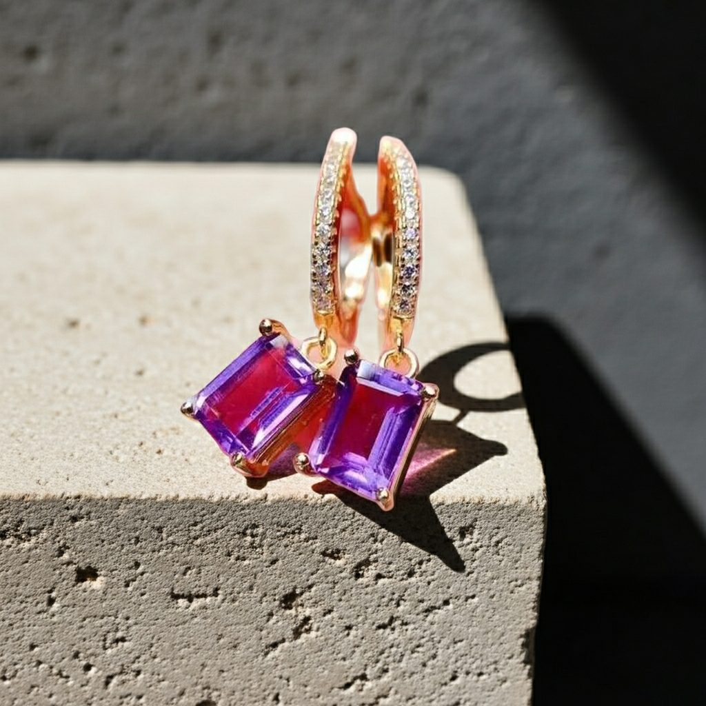 1CT Natural Emerald Cut Amethyst Gemstone Earrings