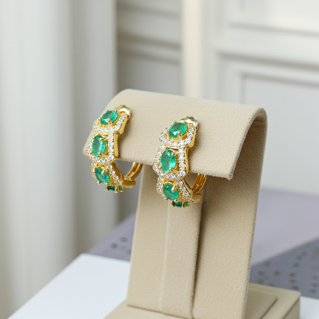 Natural Emerald Hoop Earrings 14k Gold Plated, Emerald Jewelry