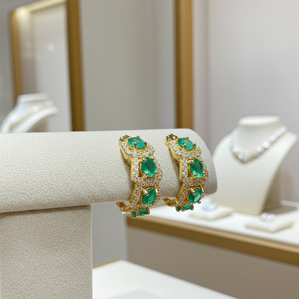 Natural Emerald Hoop Earrings 14k Gold Plated, Emerald Jewelry