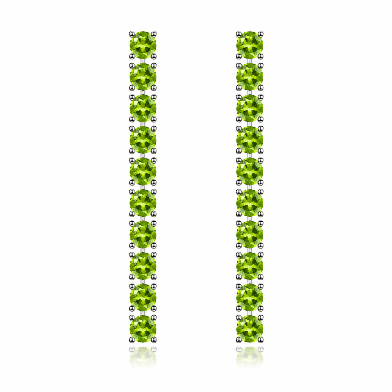 Natural 3mm Peridot dangle earrings in 925 sterling silver on a white background