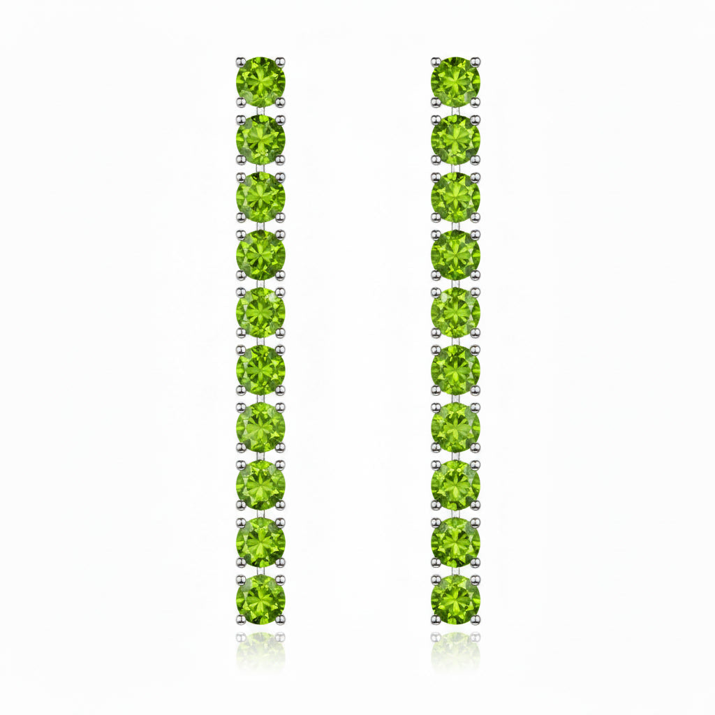 Front view of round 3mm Peridot gemstones in sterling silver dangle earrings