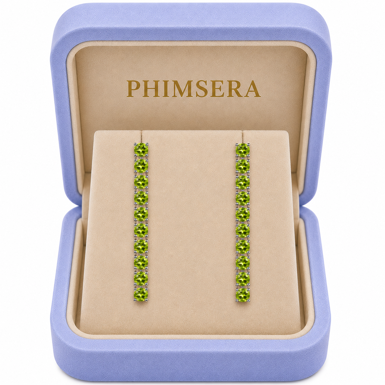 Natural Peridot dangle earrings presented in a Phimsera jewelry box
