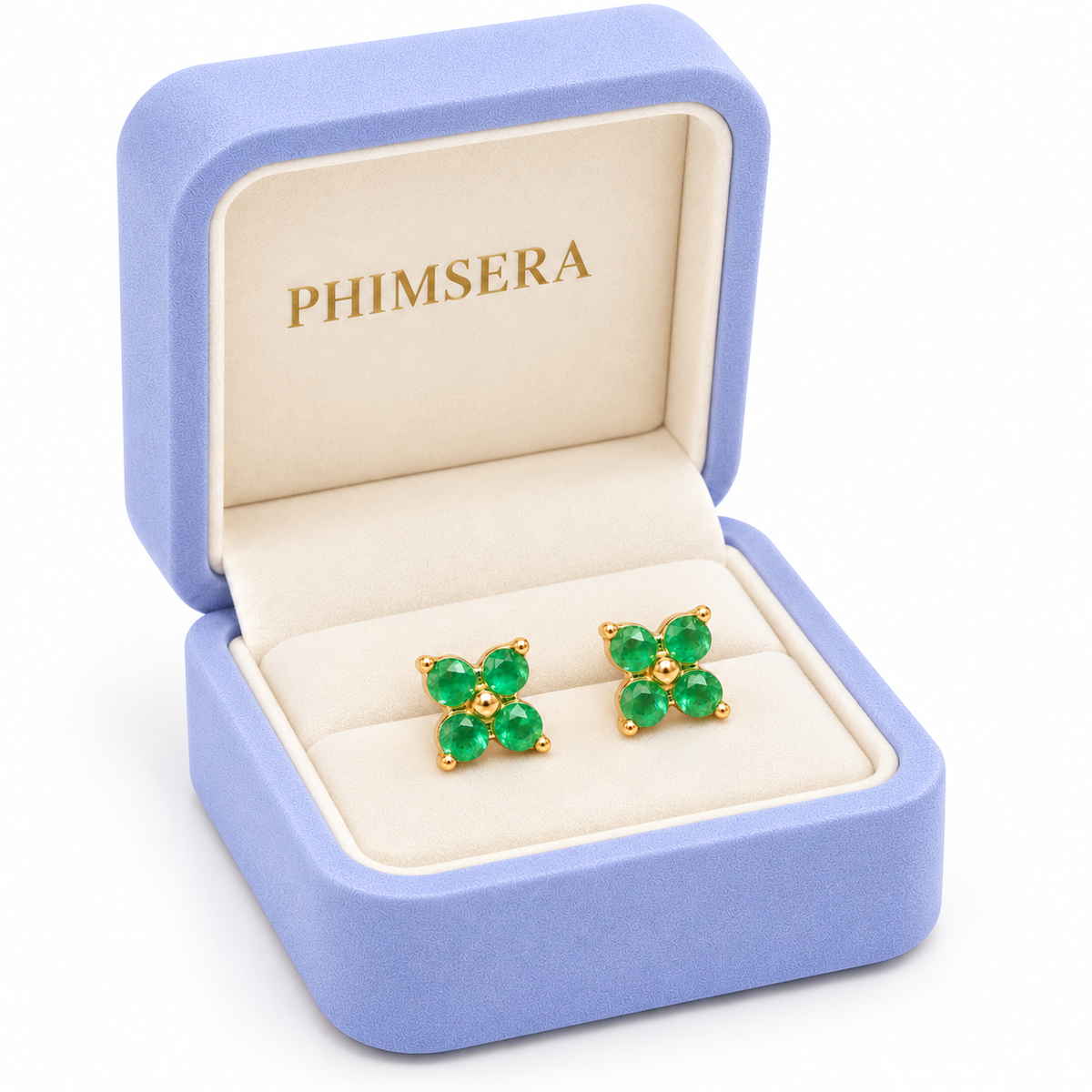 Natural Emerald 3mm Four Leaf Clover Stud Earrings in 925 Sterling Silver Gold Plated