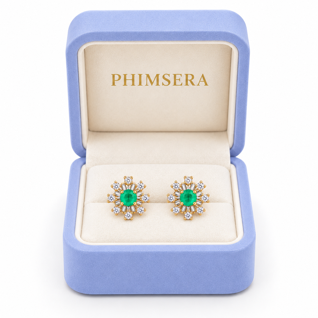 Natural Emerald 3mm Round Snowflake Stud Earrings with CZ in 925 Sterling Silver