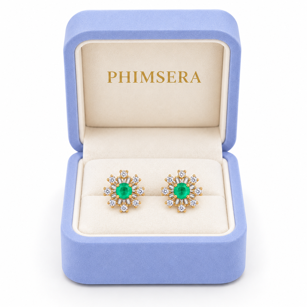 Natural Emerald 3mm Round Snowflake Stud Earrings with CZ in 925 Sterling Silver