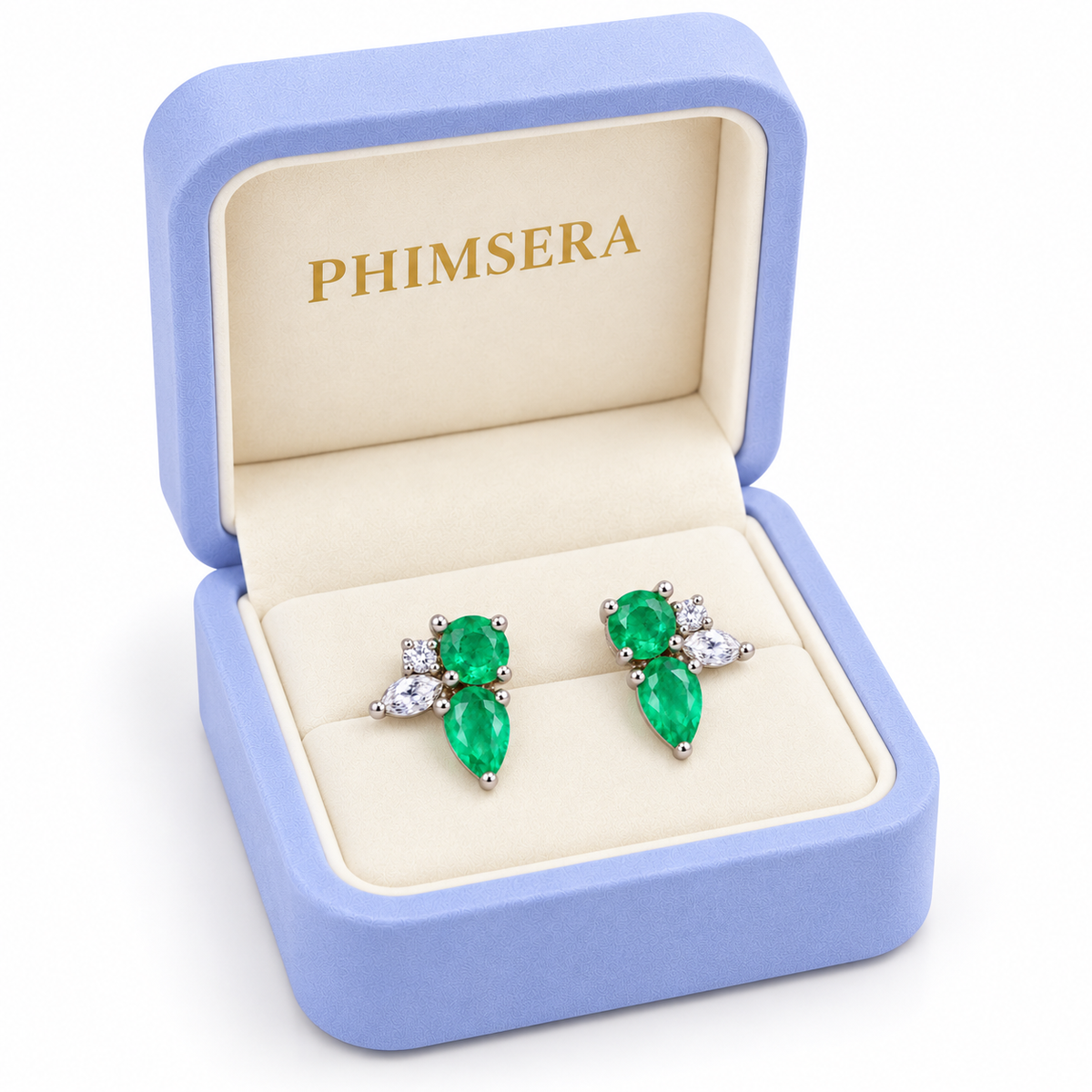 Natural Emerald Round and Pear Cut Floral Stud Earrings in 925 Sterling Silver with CZ