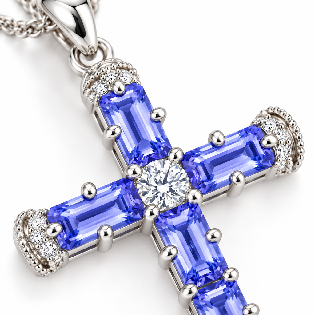 Macro close-up of the faceted 3×5mm violet-blue tanzanite gemstones in a cross necklace