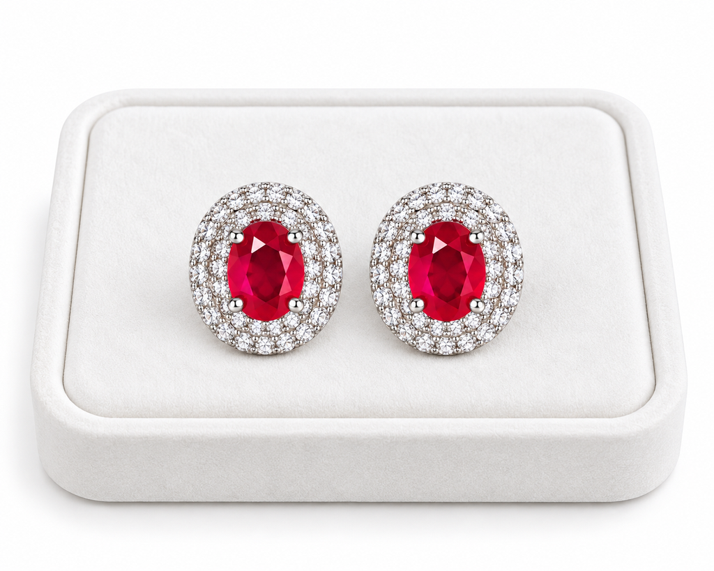 Natural Phimsera Red Ruby Earrings 4x5mm Tray Image with a White Background