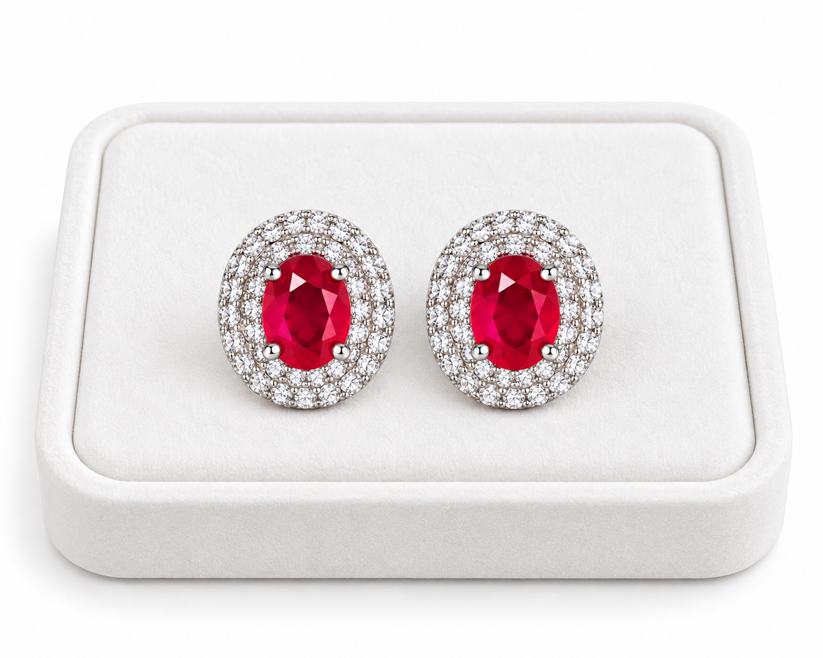 Natural Phimsera Red Ruby Earrings 4x5mm Tray Image with a White Background