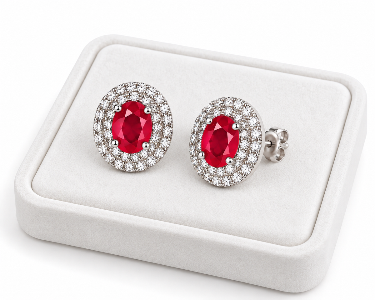 Natural Phimsera Red Ruby Earrings 4x5mm Angled Tray Image with a White Background