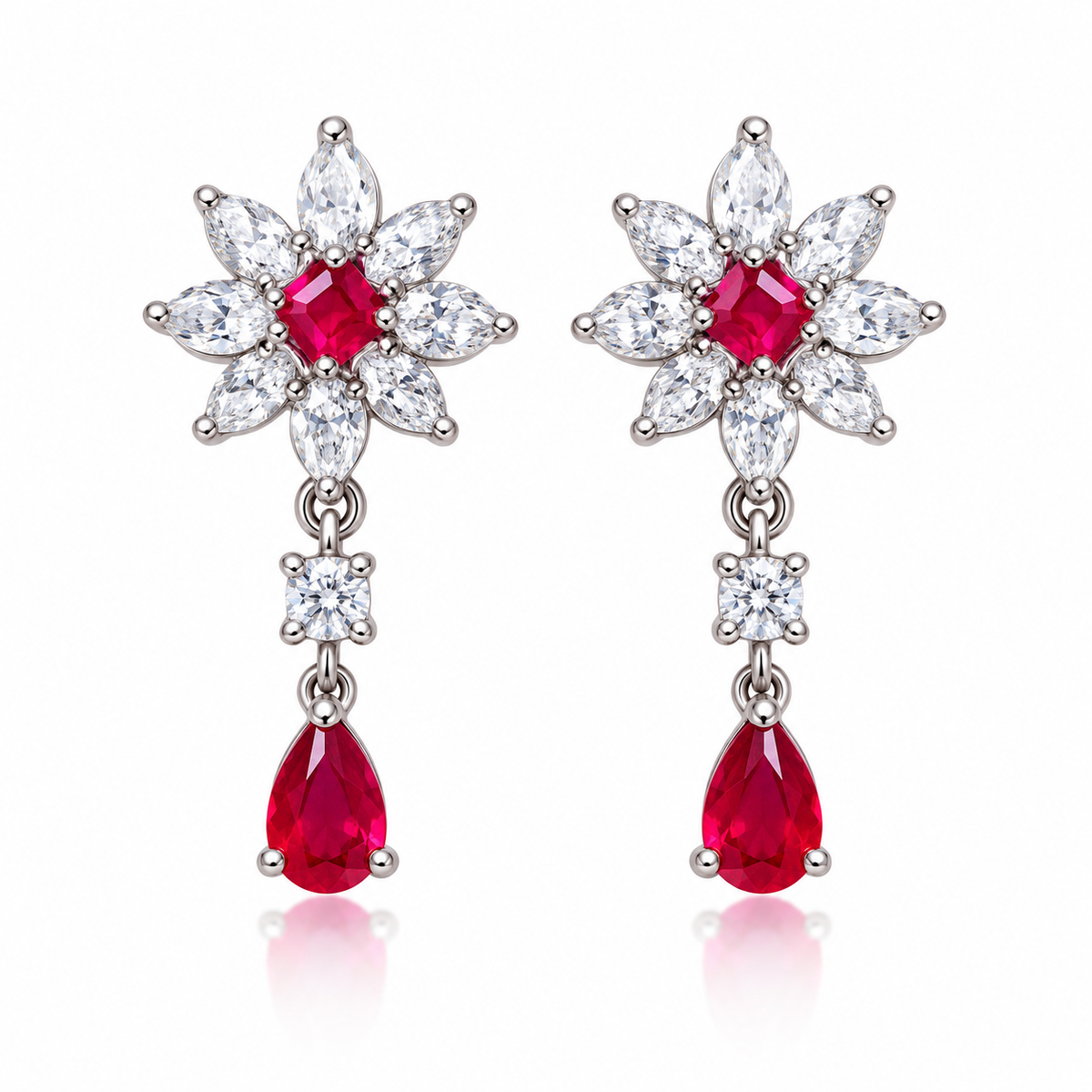 Phimsera natural ruby floral drop earrings with 3mm square ruby centers, 4x6mm pear-cut ruby drops, and cubic zirconia accents on a white background.