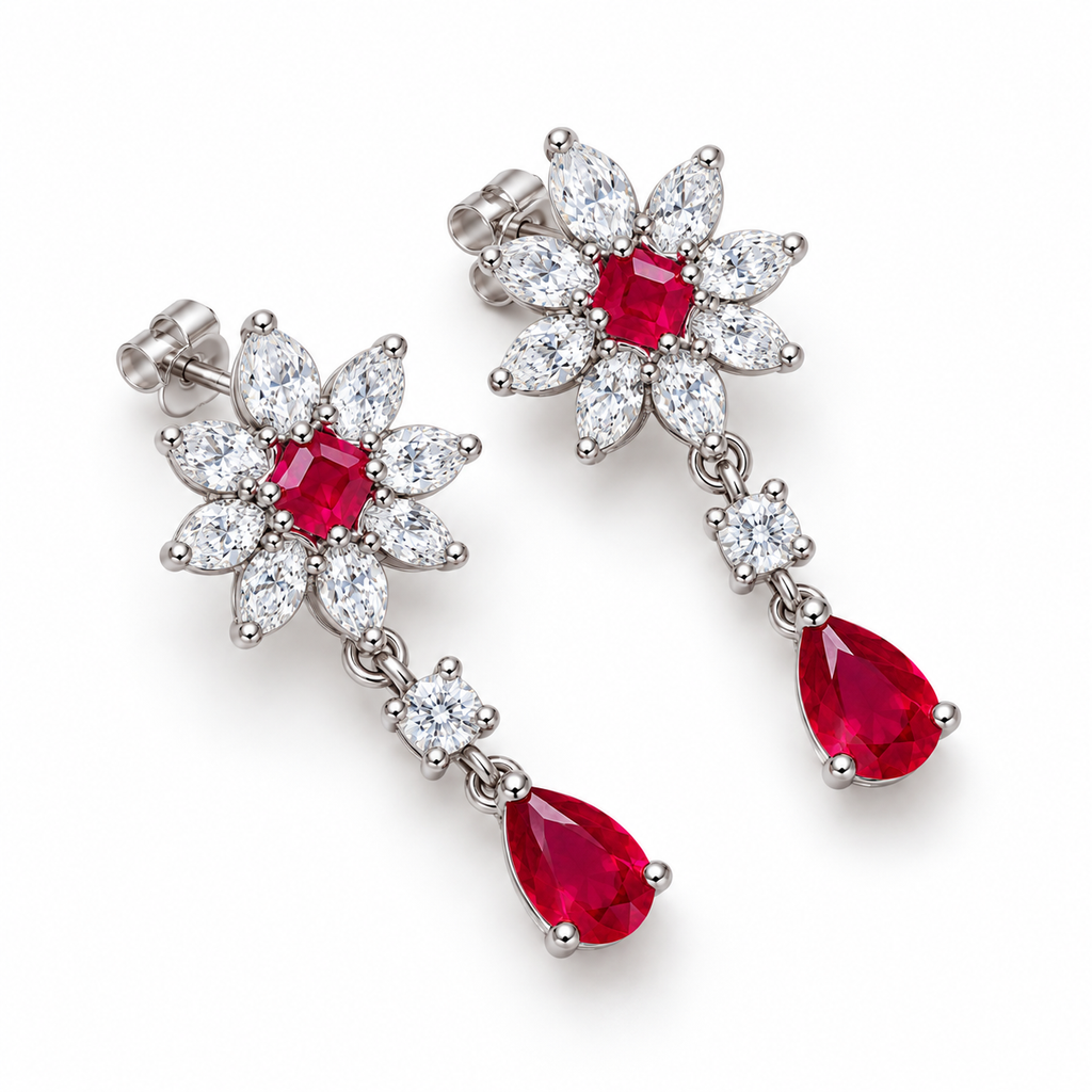Top-down view of natural ruby floral drop earrings with square and pear-shaped ruby gemstones and clear cubic zirconia accents.